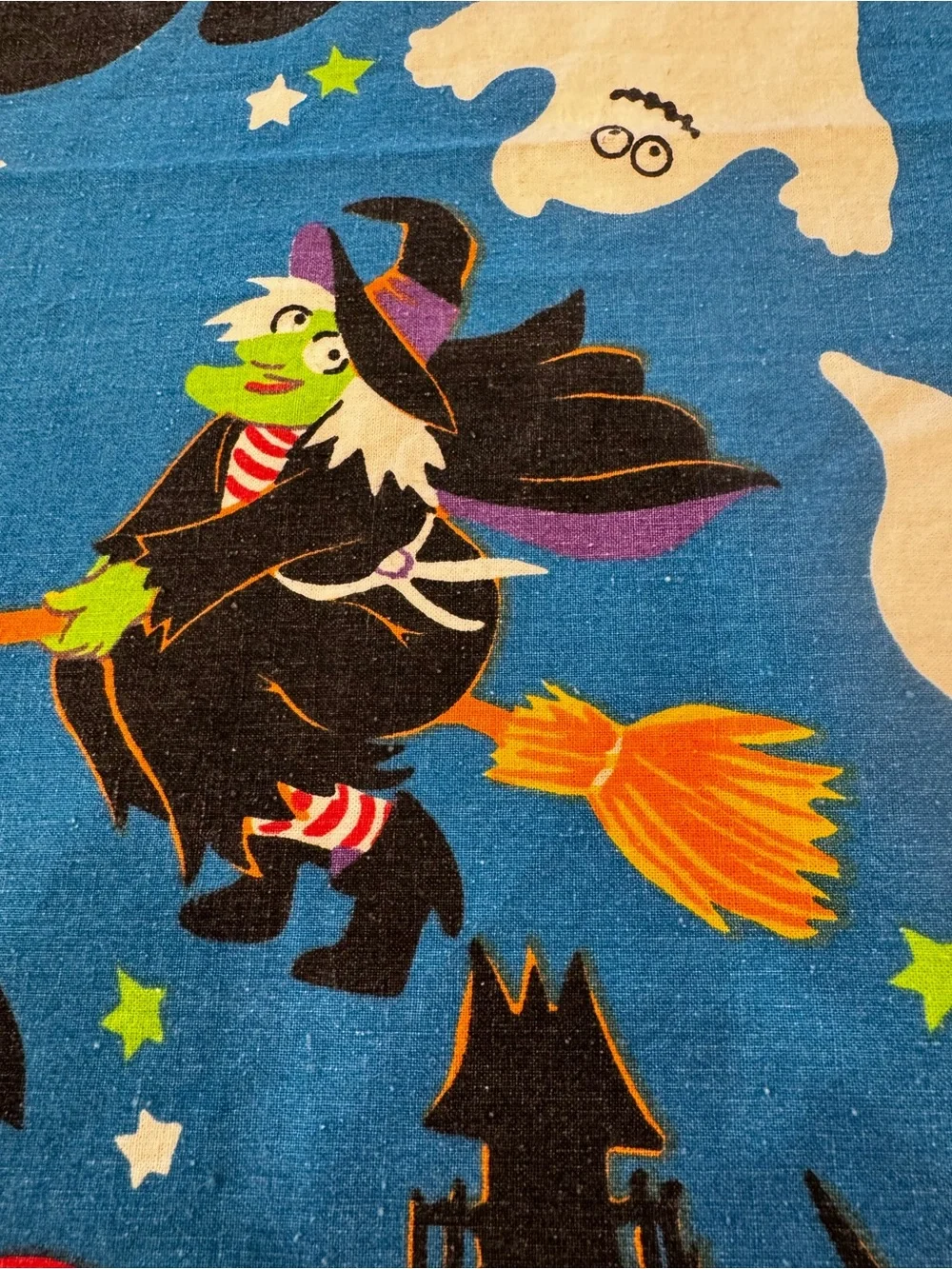 Vintage Halloween Tablecloth 56x77 Witches Ghosts Pumpkins Haunted House